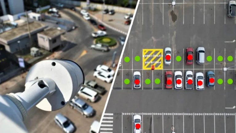 Split image showing a CCTV camera monitoring a parking area and an overhead parking lot view with green/red dots indicating available and occupied spaces.