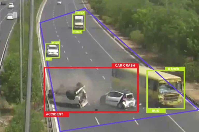 Video analytics detecting a highway crash and tracking vehicles with speed labels