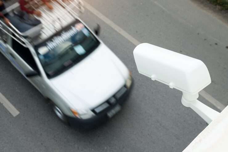 Roadside CCTV camera monitoring passing vehicles for speed enforcement and traffic control